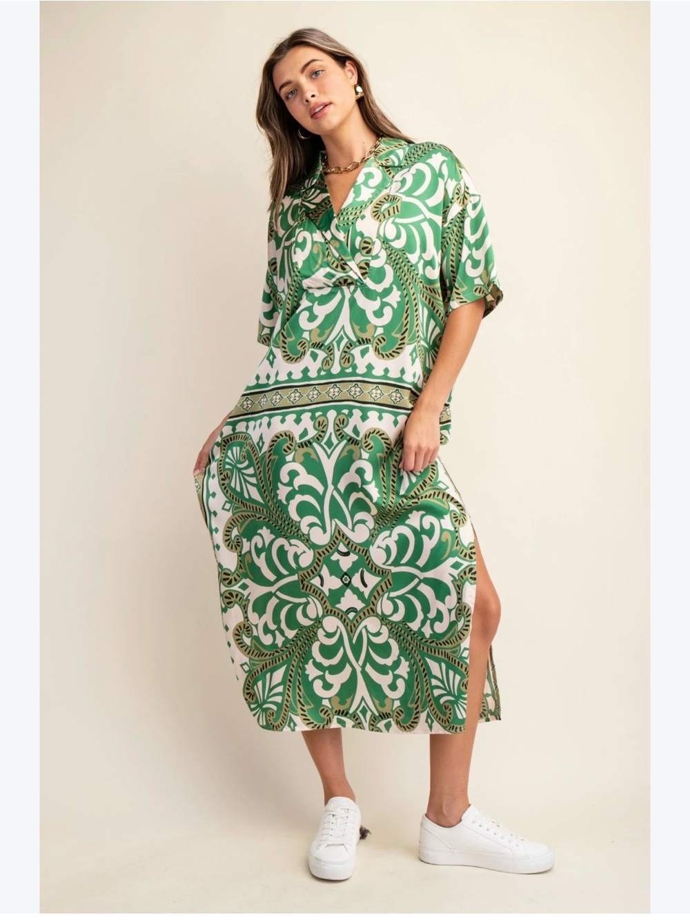 GiGiO Green Off White Printed Side Slit Maxi Flowy Dress Boho Resort Women’s S